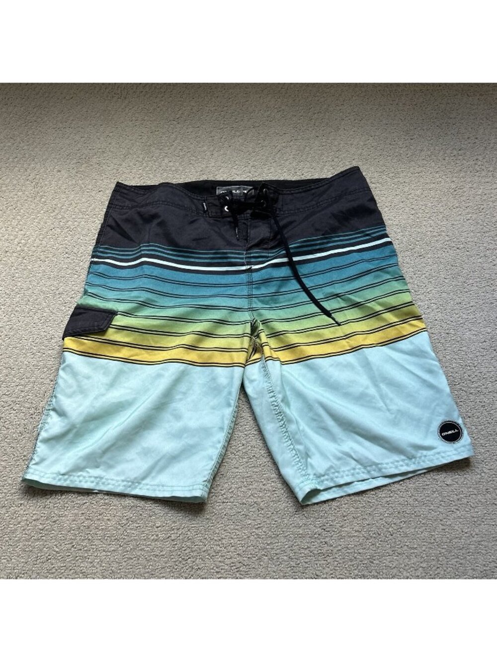 O’Neill Mens Board Shorts Size 32 Green Black Striped Swim Trunks Drawstring